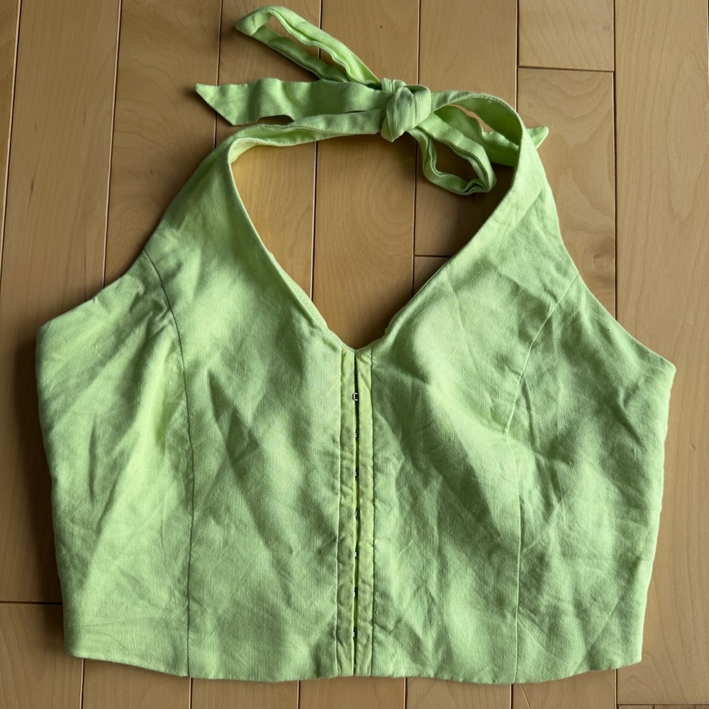 House of Harlow 1960 Linen Blend Smocked Back Halter Top in Lime, Women's 4